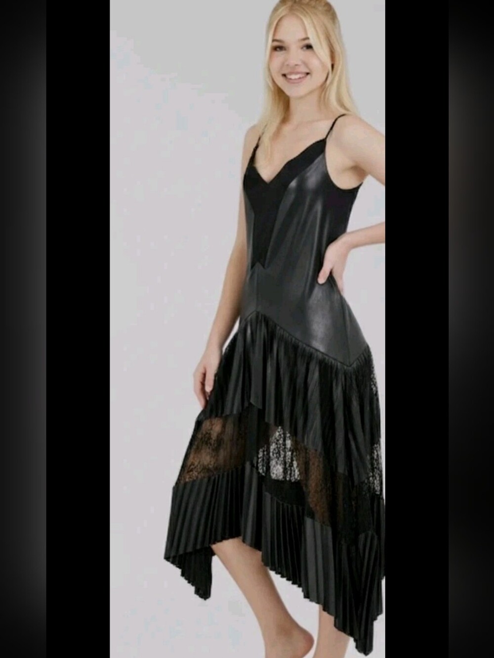 New With Tag BCBGMAXAZRIA FAUX LEATHER LACE INSET PLEATED ASYMMETRIC I DRESS - Picture 7 of 7
